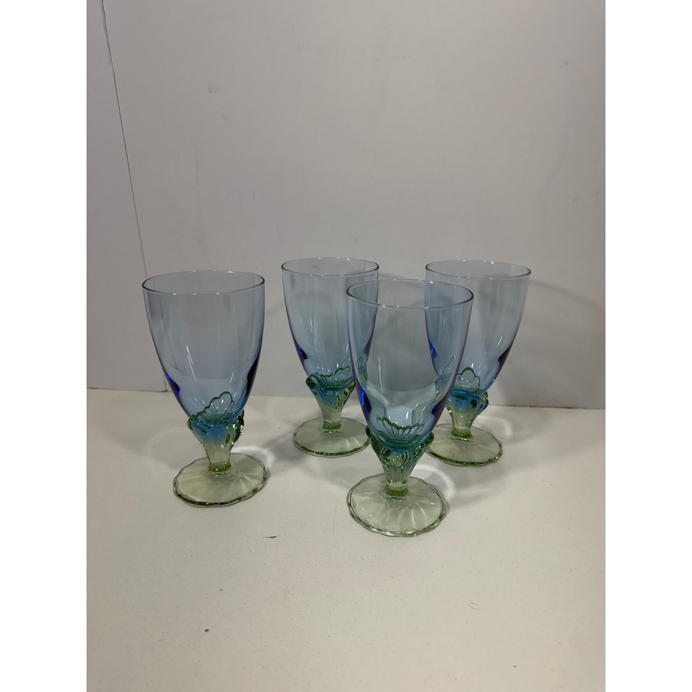 Bormioli Rocco Bahia Blue Green Water Goblets Set of 4 Italian Glass MCM 6.25"